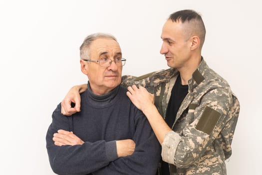 an elderly father and a military son.