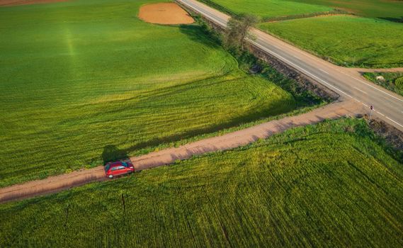 Aerial view of landfields. top view from drone of highway searching paths and lines.