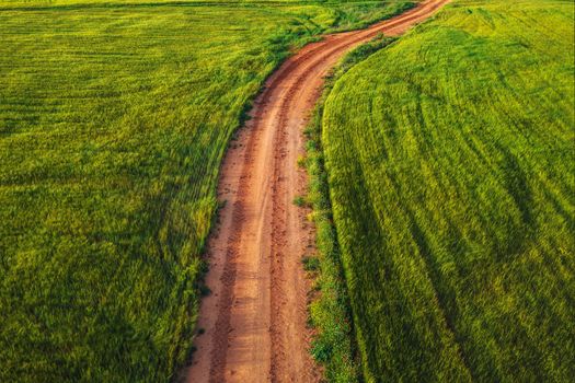 Aerial view of landfields. top view from drone of highway searching paths and lines.