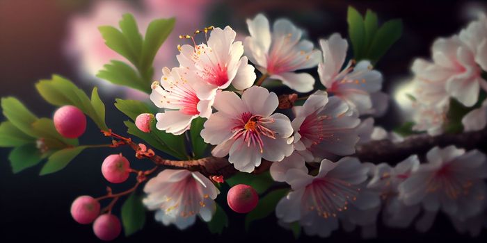 Cherry Blossom or Sakura flower on nature background, macro, close-up view. Ai Generative.