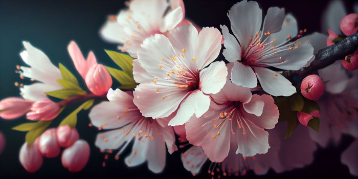 Cherry Blossom or Sakura flower on nature background, macro, close-up view. Ai Generative.