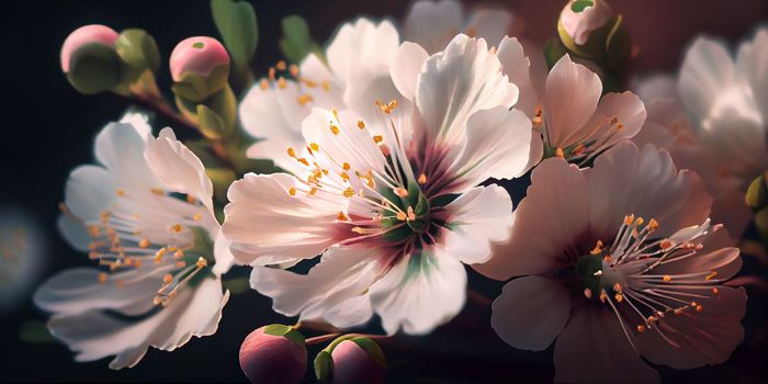 Cherry Blossom or Sakura flower on nature background, macro, close-up view. Ai Generative.