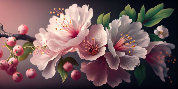 Cherry Blossom or Sakura flower on nature background, macro, close-up view. Ai Generative.