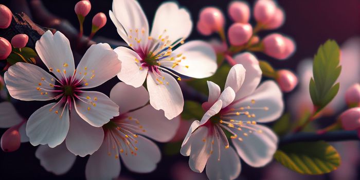 Cherry Blossom or Sakura flower on nature background, macro, close-up view. Ai Generative.