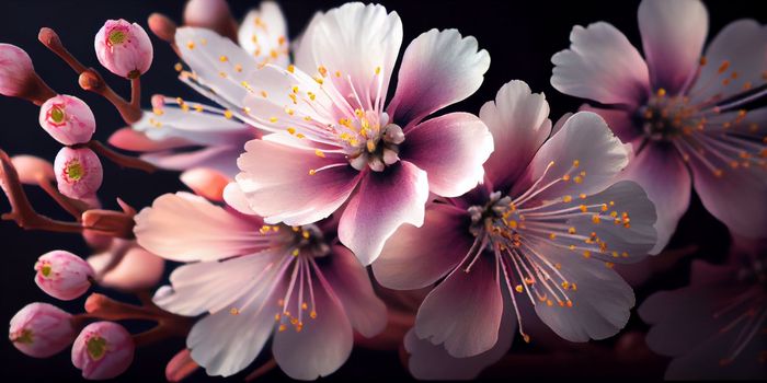 Cherry Blossom or Sakura flower on nature background, macro, close-up view. Ai Generative.