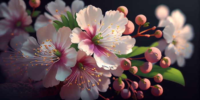 Cherry Blossom or Sakura flower on nature background, macro, close-up view. Ai Generative.