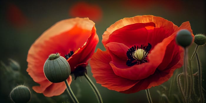 Beautiful summer day. Red poppy flowers macro, close-up view. Ai Generative.