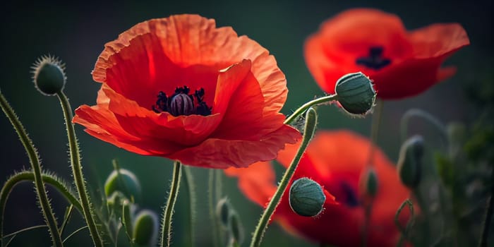 Beautiful summer day. Red poppy flowers macro, close-up view. Ai Generative.