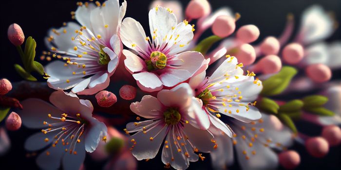 Cherry Blossom or Sakura flower on nature background, macro, close-up view. Ai Generative.