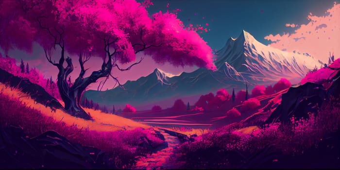 Japan Asian scenic landscape wallpaper with cherry trees Mount Fuji background anime style. Ai Generative.