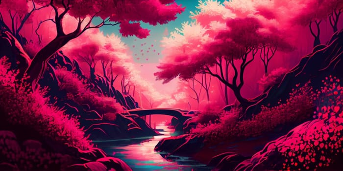 Japan Asian scenic landscape wallpaper with cherry trees Mount Fuji background anime style. Ai Generative.