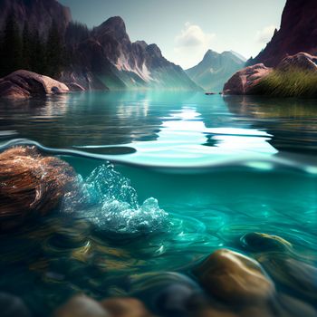 Water spring on mountains background. Clear streams of mountain water. Ai generative.