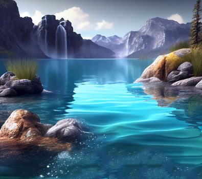 Water spring on mountains background. Clear streams of mountain water. Ai generative.