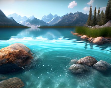 Water spring on mountains background. Clear streams of mountain water. Ai generative.