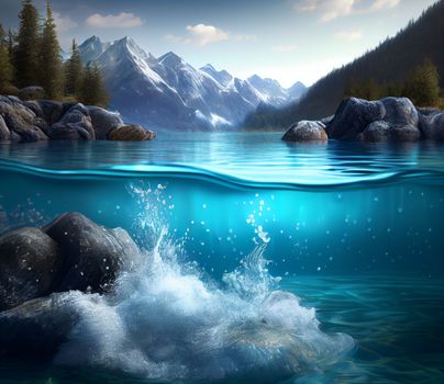 Water spring on mountains background. Clear streams of mountain water. Ai generative.