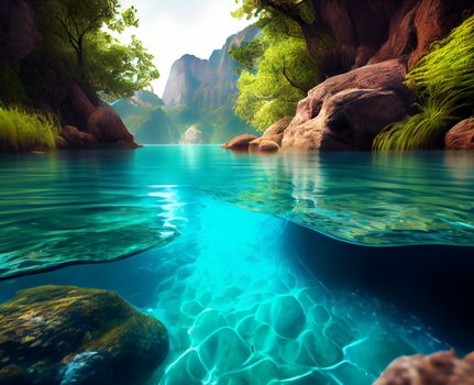 Water spring on mountains background. Clear streams of mountain water. Ai generative.