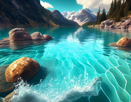 Water spring on mountains background. Clear streams of mountain water. Ai generative.