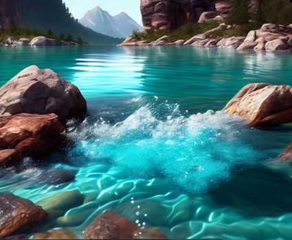 Water spring on mountains background. Clear streams of mountain water. Ai generative.