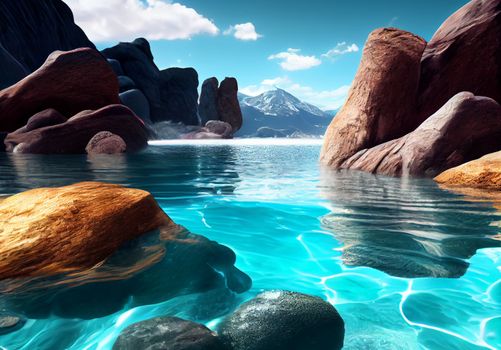 Water spring on mountains background. Clear streams of mountain water. Ai generative.