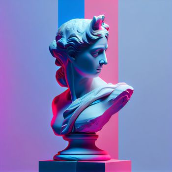 Statue neon. Gypsum statue with ancient greek sculpture . Webpunk, vaporwave, syntwave. Generative Ai.