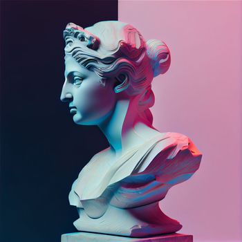 Statue neon. Gypsum statue with ancient greek sculpture . Webpunk, vaporwave, syntwave. Generative Ai.