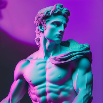 Statue neon. Gypsum statue with ancient greek sculpture . Webpunk, vaporwave, syntwave. Generative Ai.