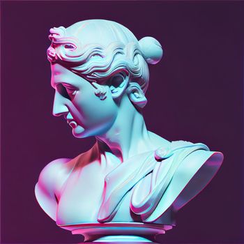 Statue neon. Gypsum statue with ancient greek sculpture . Webpunk, vaporwave, syntwave. Generative Ai.