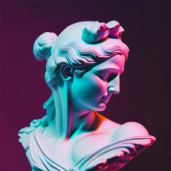 Statue neon. Gypsum statue with ancient greek sculpture . Webpunk, vaporwave, syntwave. Generative Ai.