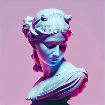 Statue neon. Gypsum statue with ancient greek sculpture . Webpunk, vaporwave, syntwave. Generative Ai.