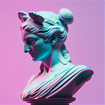 Statue neon. Gypsum statue with ancient greek sculpture . Webpunk, vaporwave, syntwave. Generative Ai.