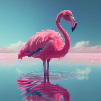 Pink Flamingo. Wildlife animal scene from nature. Flamingo in nature habitat. Beautiful water bird. Ai Generative.