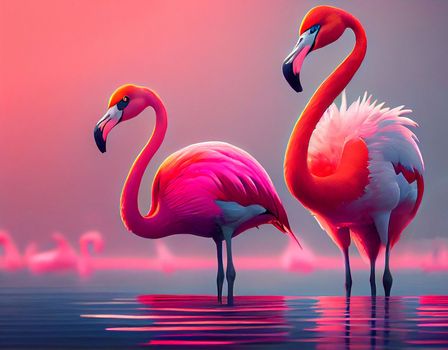 Pink Flamingo. Wildlife animal scene from nature. Flamingo in nature habitat. Beautiful water bird. Ai Generative.