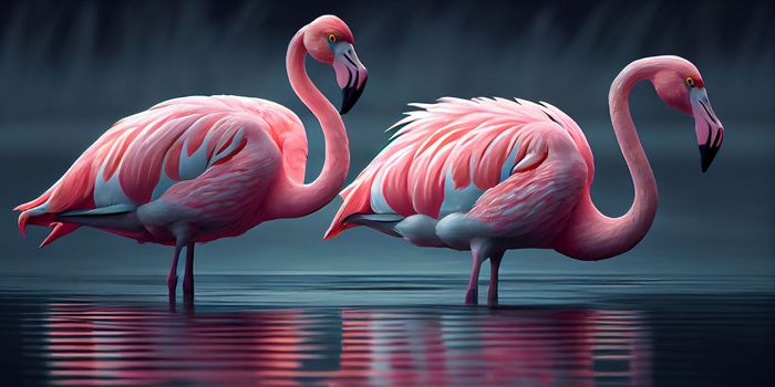 Pink Flamingo. Wildlife animal scene from nature. Flamingo in nature habitat. Beautiful water bird. Ai Generative.