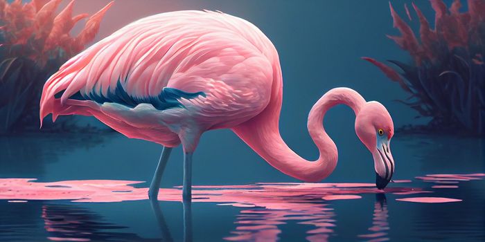 Pink Flamingo. Wildlife animal scene from nature. Flamingo in nature habitat. Beautiful water bird. Ai Generative.