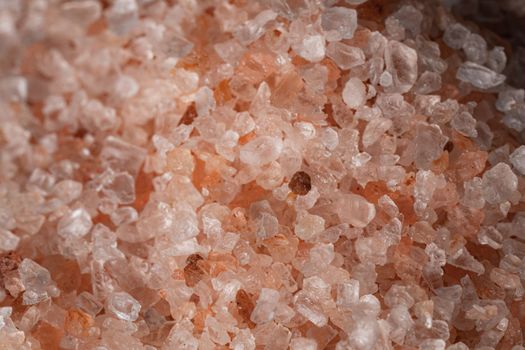 Top view close up photo image of himalayan salt, crystal texture, mineral grain pattern. Macro photo