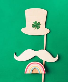 Template for design attributes for St. Patrick's Day mustache, clover, hat, rainbow. copy space
