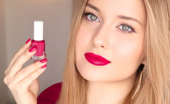 Beauty product, makeup and cosmetics, face portrait of beautiful woman with nail polish, manicure and matching pink lipstick make-up for luxury cosmetic, style and fashion.