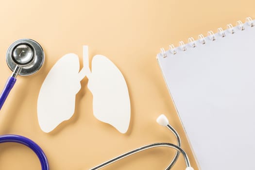 World Tuberculosis Day. Overhead lungs paper symbol and medical stethoscope on pastel background, lung cancer awareness, copy space concept of world TB day, banner background, pneumonia awareness