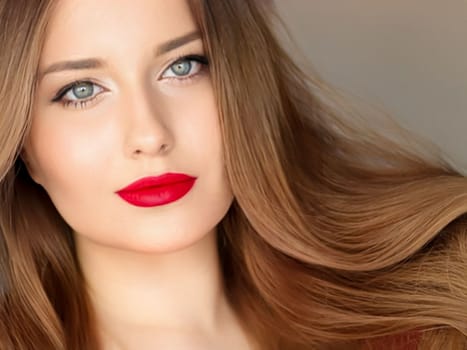 Hairstyle, beauty and hair care, beautiful woman with long healthy hair, model wearing matte red lipstick makeup, glamour portrait for hair salon and haircare.