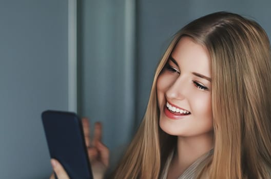 Beautiful woman having a video call and talking on mobile phone, girl doing online shopping on smartphone.