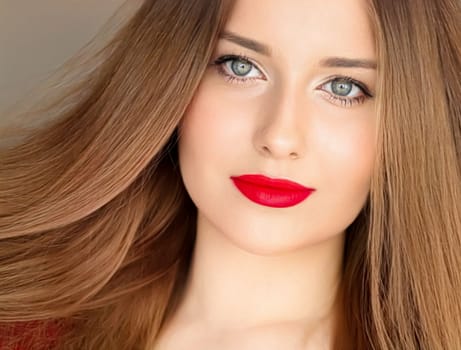 Hairstyle, beauty and hair care, beautiful woman with long healthy hair, model wearing matte red lipstick makeup, glamour portrait for hair salon and haircare.