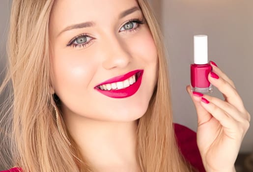 Beauty product, makeup and cosmetics, face portrait of beautiful woman with nail polish, manicure and matching pink lipstick make-up for luxury cosmetic, style and fashion.