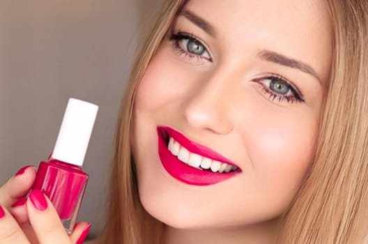 Beauty product, makeup and cosmetics, face portrait of beautiful woman with nail polish, manicure and matching pink lipstick make-up for luxury cosmetic, style and fashion.