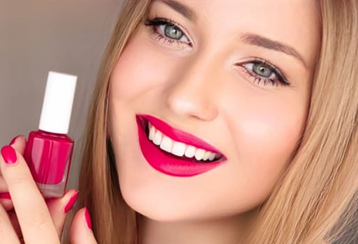 Beauty product, makeup and cosmetics, face portrait of beautiful woman with nail polish, manicure and matching pink lipstick make-up for luxury cosmetic, style and fashion.