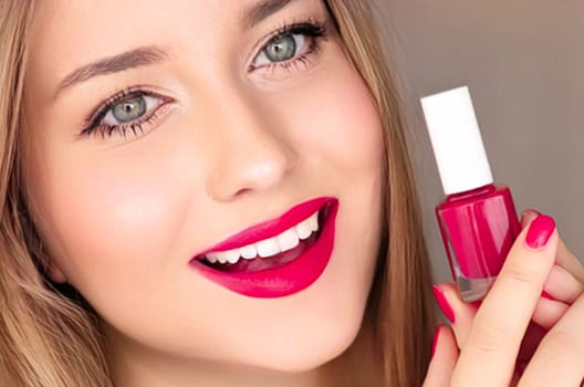 Beauty product, makeup and cosmetics, face portrait of beautiful woman with nail polish, manicure and matching pink lipstick make-up for luxury cosmetic, style and fashion.