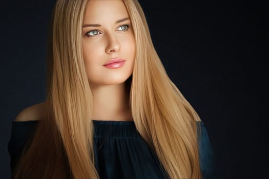 Beauty, makeup and skincare, face portrait of beautiful woman with long hairstyle on black background for luxury cosmetics, wellness or glamour fashion look
