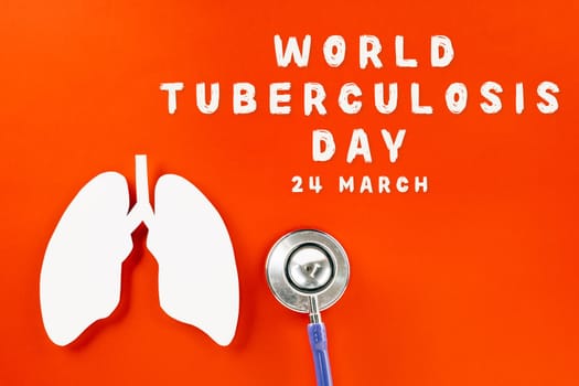 World TB Day. Top view of lungs paper symbol and medical stethoscope on red background, copy space, lung cancer awareness, concept of world tuberculosis day, banner background, pneumonia