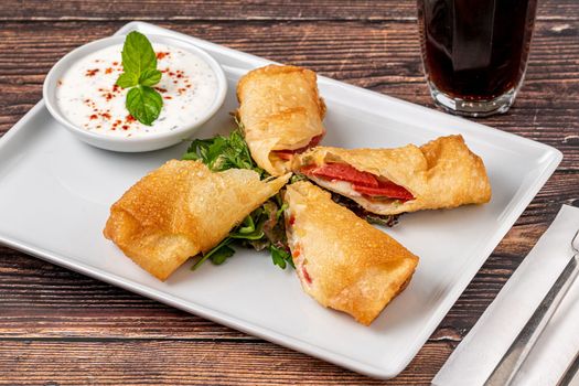 Pacanga pastry with salad and yogurt sauce on a white porcelain plate