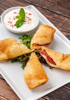 Pacanga pastry with salad and yogurt sauce on a white porcelain plate