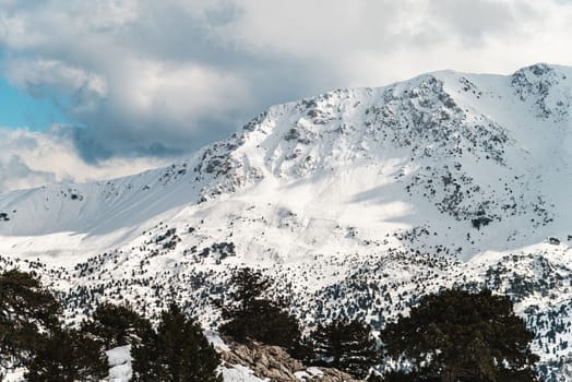 Forested snowy mountain landscape in the foothills on a sunny day